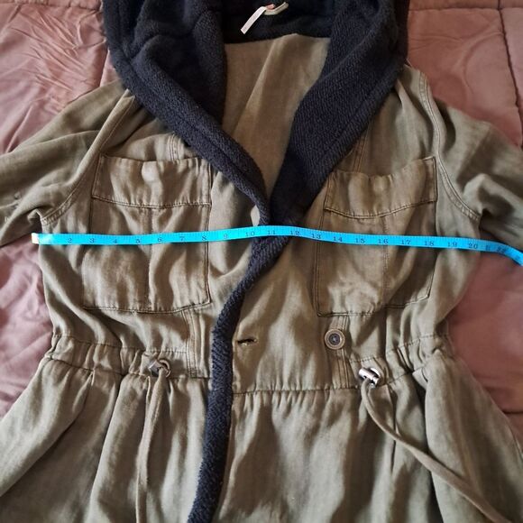 Free People Drawcord Waist Slouchy Jacket Med Olive Green Fleece Interior Hood - Picture 8 of 10